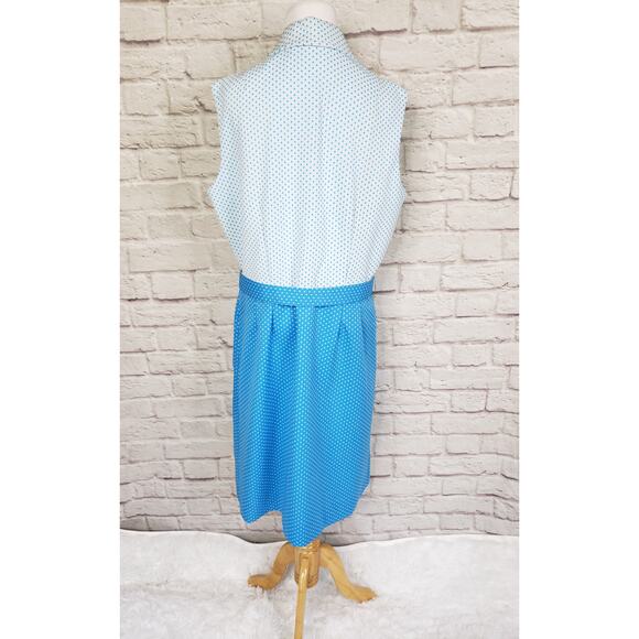 Vintage 1970s Volup Sheath Dress Blue White Dot Pointed Collar Belted Sz 20 - Picture 10 of 12